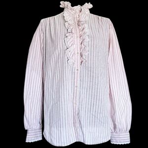 Vintage 80s Cottagecore Victorian Twee Lace Ruffle Pinstripe White Blouse Sz L